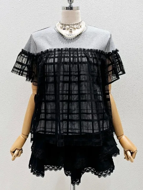 

Женская футболка больших размеров (до 136 кг) с круглым вырезом, коротким рукавом, сетчатыми вставками, имитация двухслойности, утягивающий эффект, летняя, дышащая, в корейском стиле