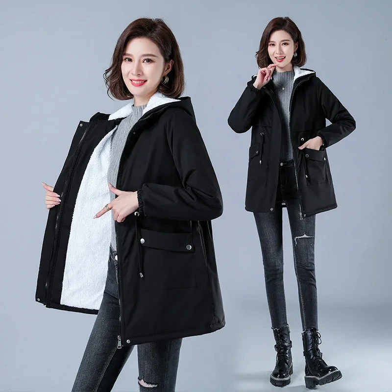 

Winter Jacket Cotton Warm Puffer Coat Women Casual Parkas With Lining Plush hooded trench Outwear Women's Clothes