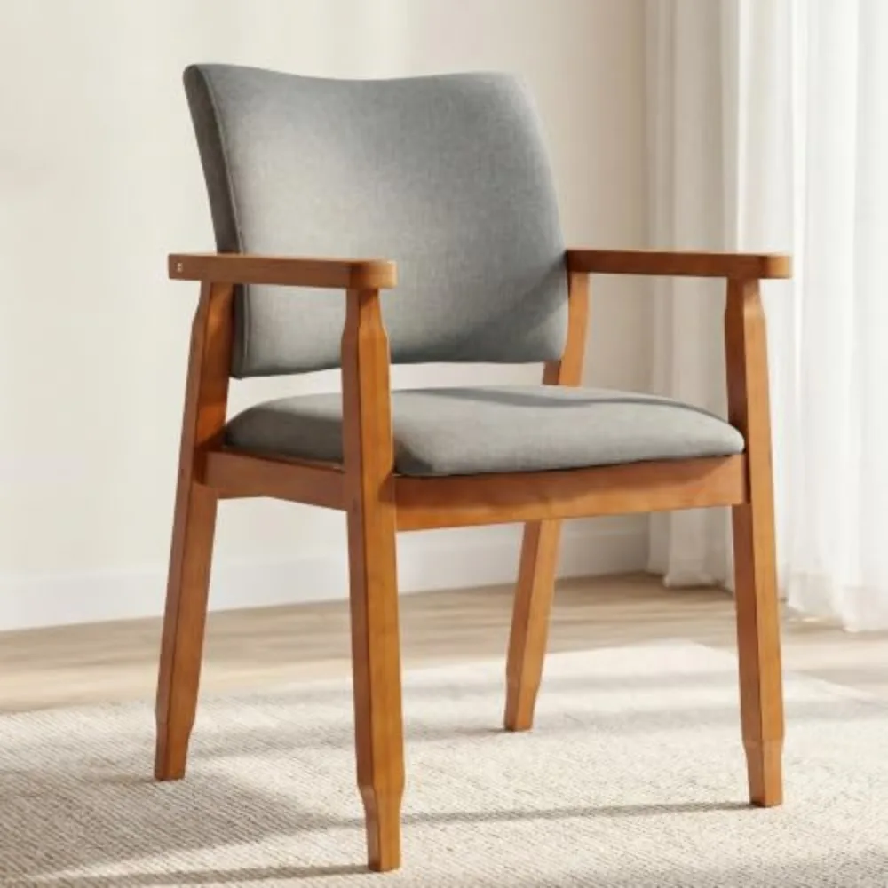 Mid-Century Modern Linen Dining Chair with Arms, Solid Wood Frame, 320 lbs Weight Capacity, Upholstered Accent Chair