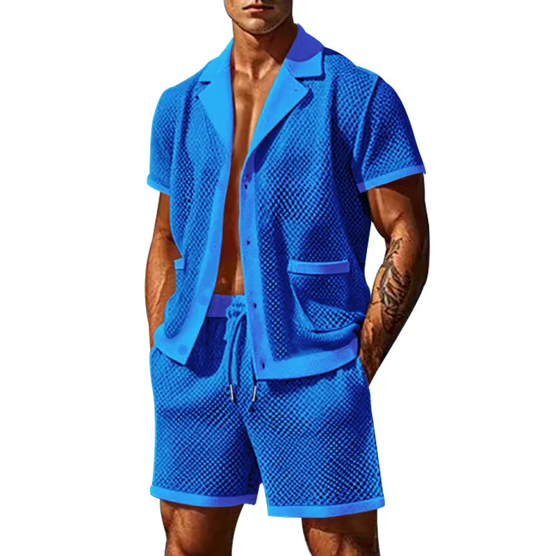 2024 Mesh Breathable Ice Cool Casual Suit Thin Men\'s Short Sleeve Shorts Two-piece Set