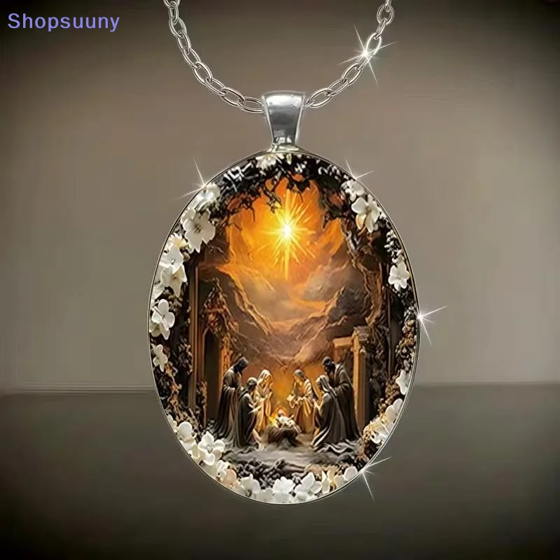 [SU]Retro Elegant Geometry Oval Organic Glass Pendant Necklace For Friends Christmas Easter Daily Wear Creative Jewelry[SU]