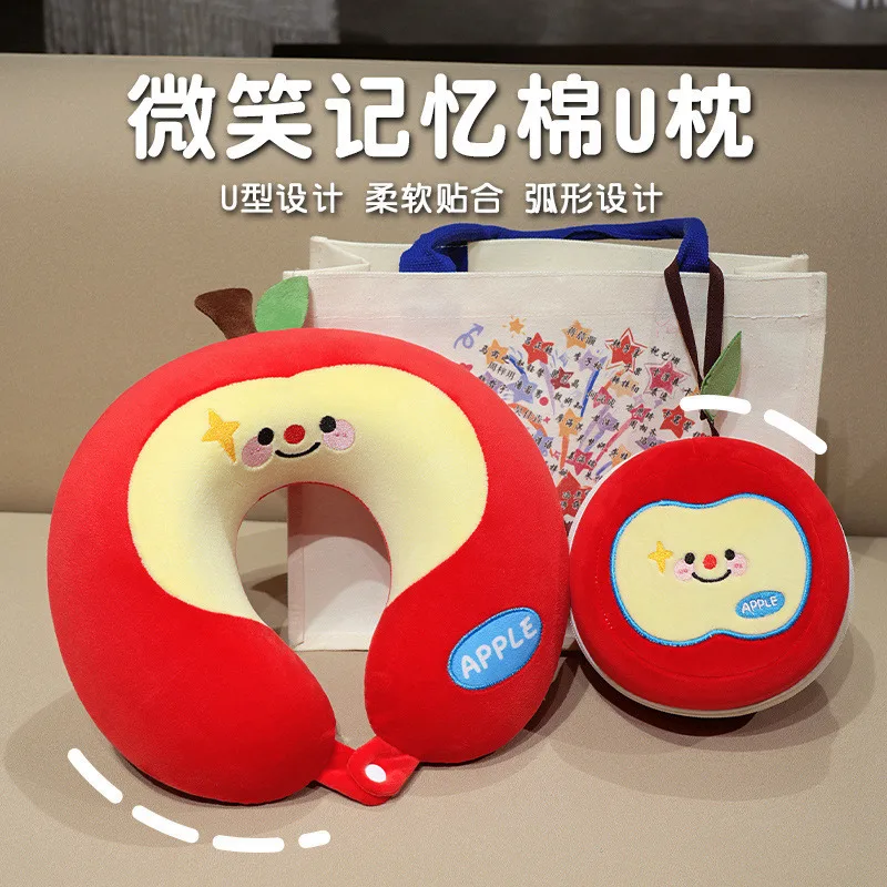 Cute Apple Memory Foam U-Shaped Pillow Portable U Pillow Travel Neck Support Office Nap Pillow Foldable Storage