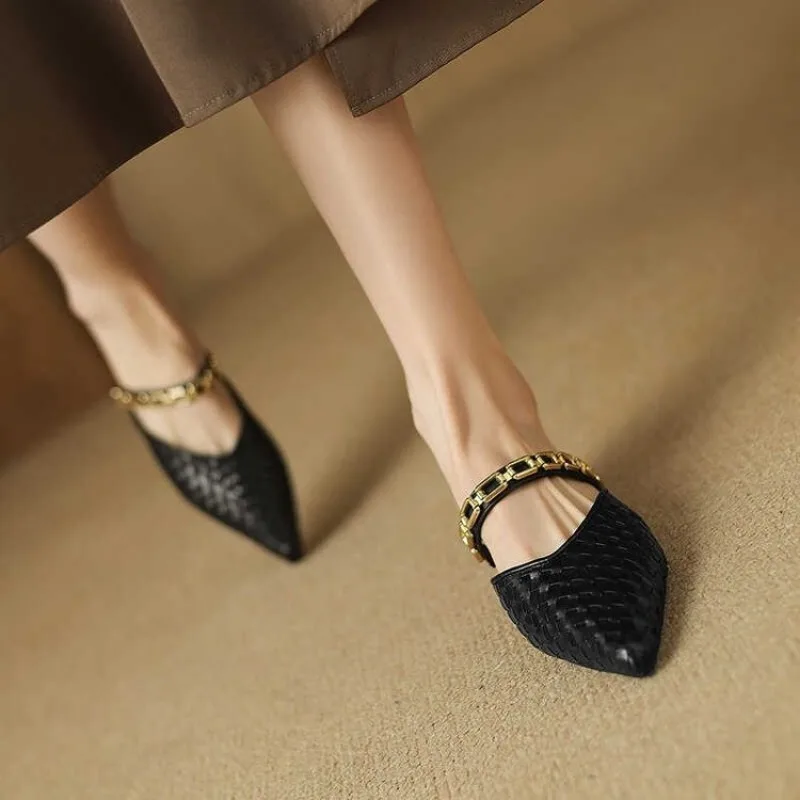 Women Slippers Pointed Toe Design Shallow Slip on Thin Low Heels Black Flock Design Casual Mules Loafers Black Outdoor