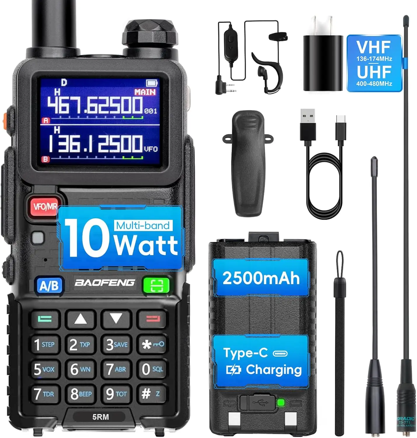 BAOFENG 5RM 10W Ham Radio Long Range AR-5RM GMRS Radio Handheld Two Way Radio NOAA Weather Receiver Rechargeable Long Range Walk