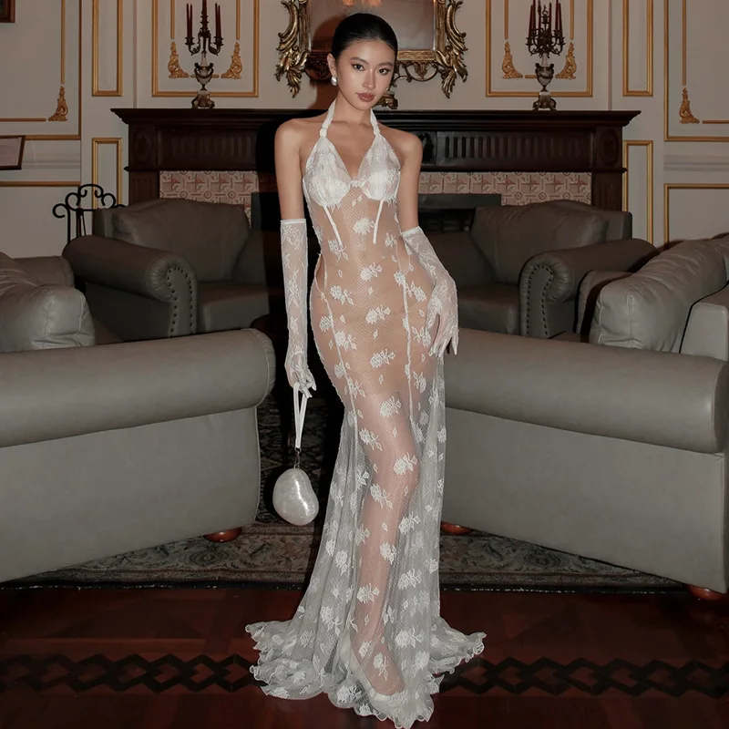 Floral Lace See Through Mesh Mermaid Party Maxi Dress with Gloves Women Fashion Sexy V Neck Halter Backless Birthday Long Robe