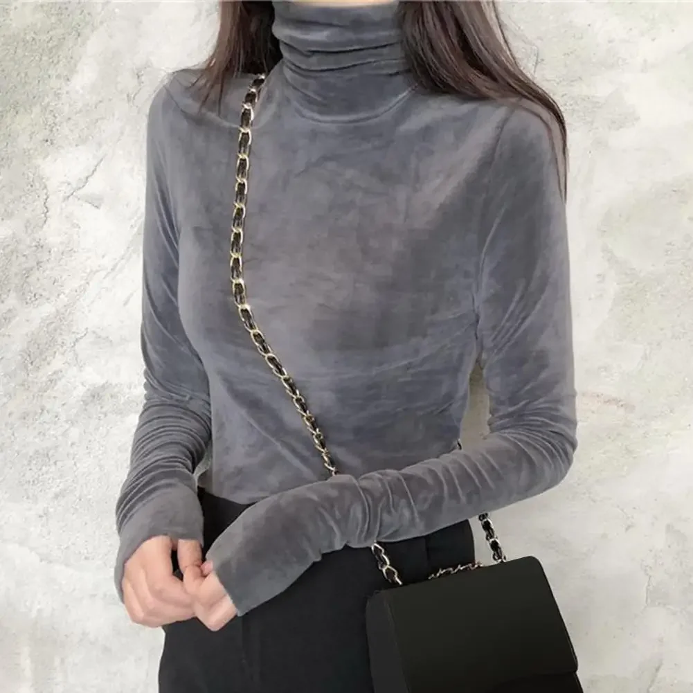 Women Blouse Solid Color Turtleneck Long Sleeve Ladies Basic Blouse Slim Fit Lady T-shirt Bottoming Shirt Female Streetwear