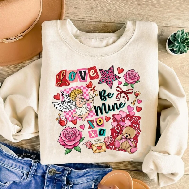 Retro Valentine Collage Sweatshirt Checkered Coquette Valentine Hoody Preppy Floral Leopard Be Mine Fashion Hoodie Wwinter Women