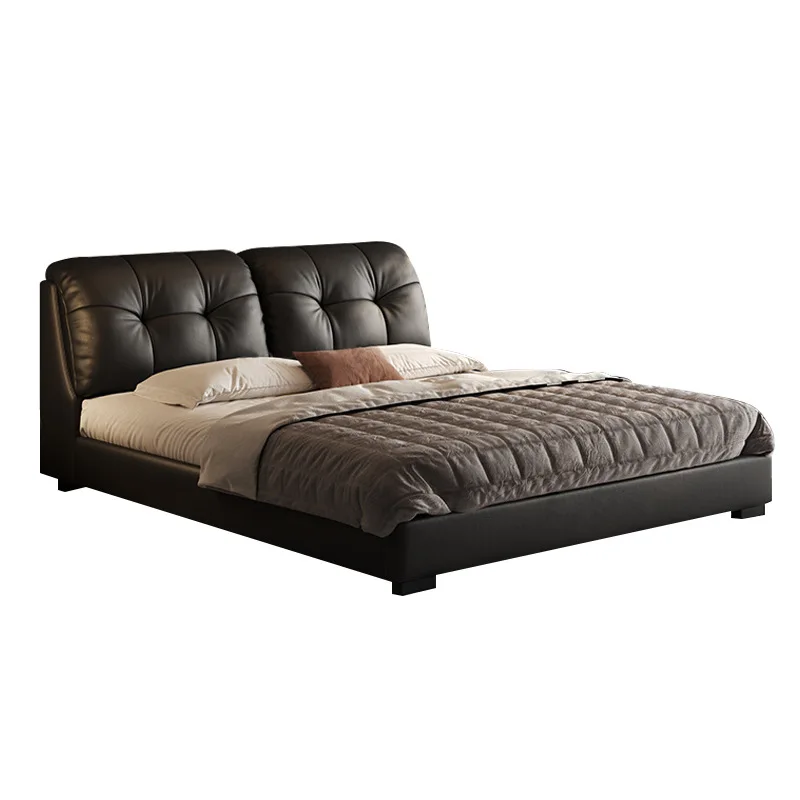 

Italian minimalist cloud puff leather art bed, soft bag floor modern double bed master light luxury leather bed