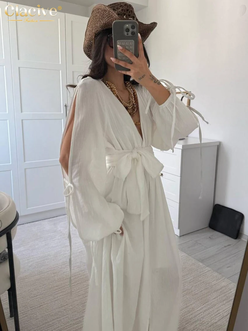 Clacive Fashion Loose White Cotton Women's Dress Sexy V-Neck Long Sleeve Maxi Dresses Elegant Classic Lace-Up Feamle Dress