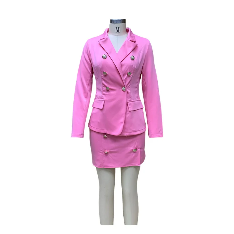 Autumn Blazer Suits 2 Pieces Women Long Sleeve Coat + High Waist Mini Skirt Clothes Streetwear Pink Two Piece Sets