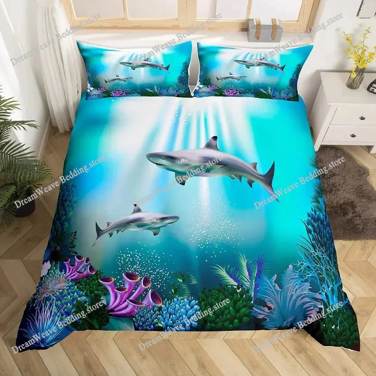 Shark Duvet Cover Set Types of Sharks Pattern Duvet Cover Set Bedclothes Pillowcase Double Queen King Size Polyester Bedding Set