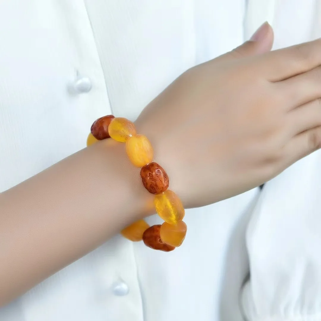 Raw-Skin Old Yellow Amber Bracelet - Irregular Oval Beads, Lucky Blessing Unisex Peace & Fortune Jewelry
