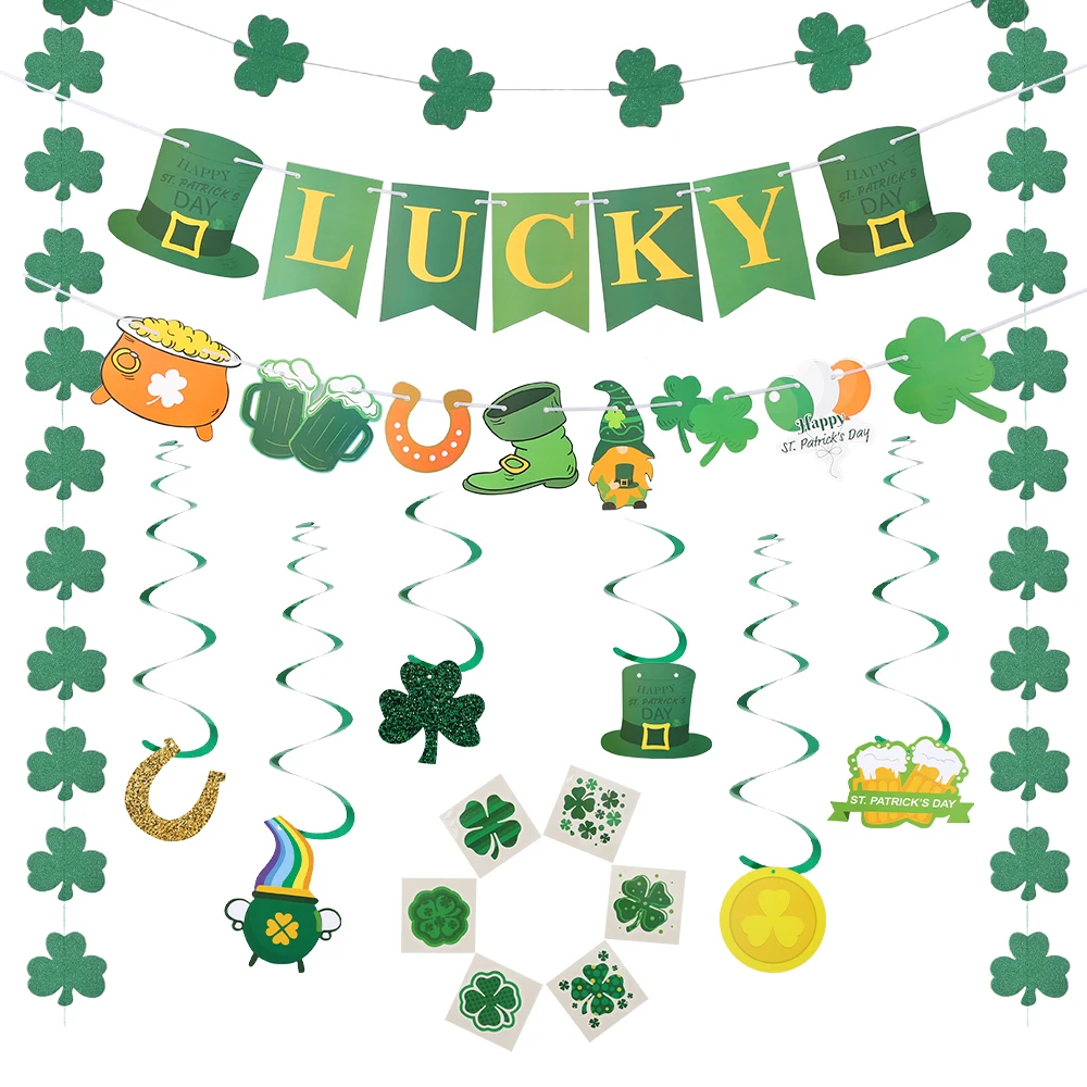 Saint Patrick's Day Decor Green Lucky Banner Clover Flag Sticker Spiral Pendant St. Patrick’s Day  Party Hanging Decoration