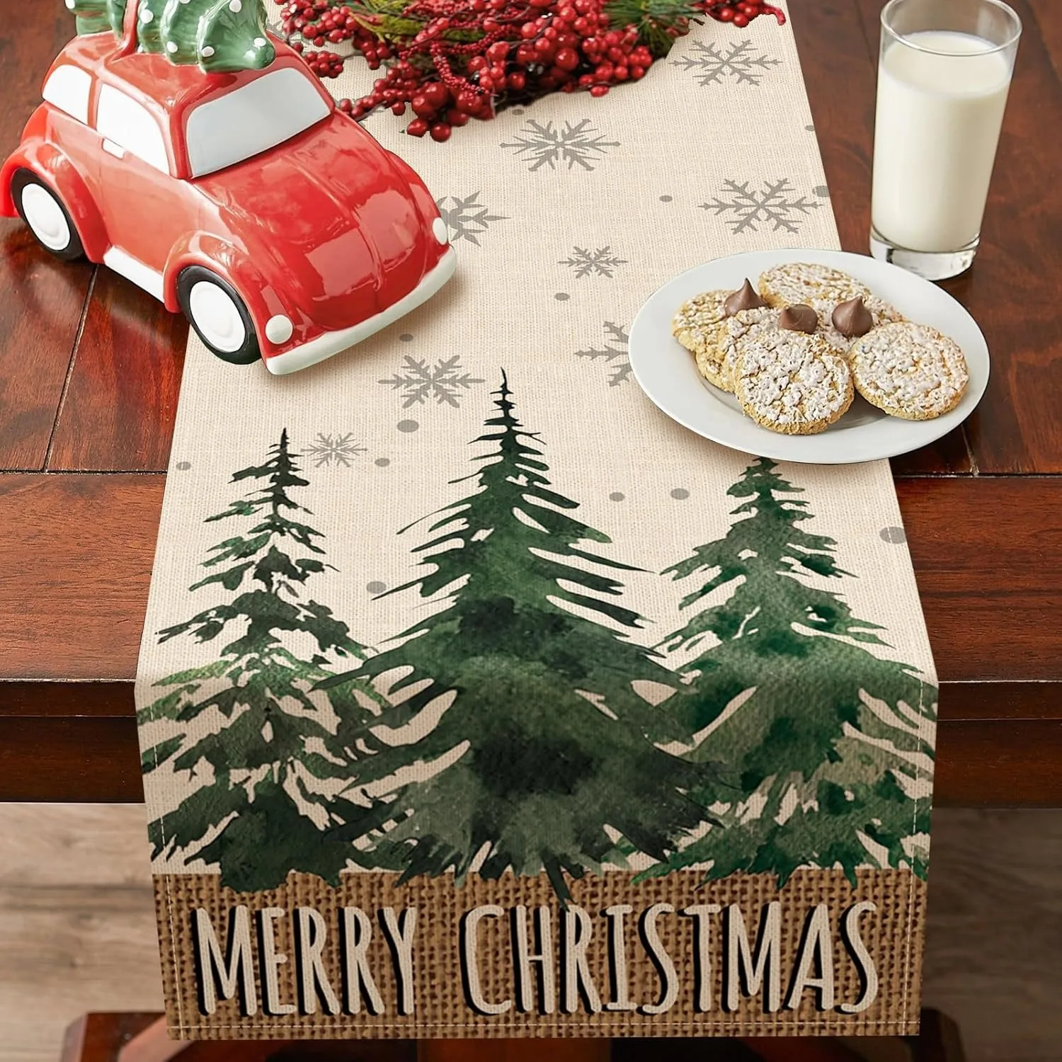 

Праздничный настольный флаг с принтом рождественской елки: краю мешковины с Рождеством, идеально подходит для праздничных еды! Новогоднее украшение для домашней вечеринки