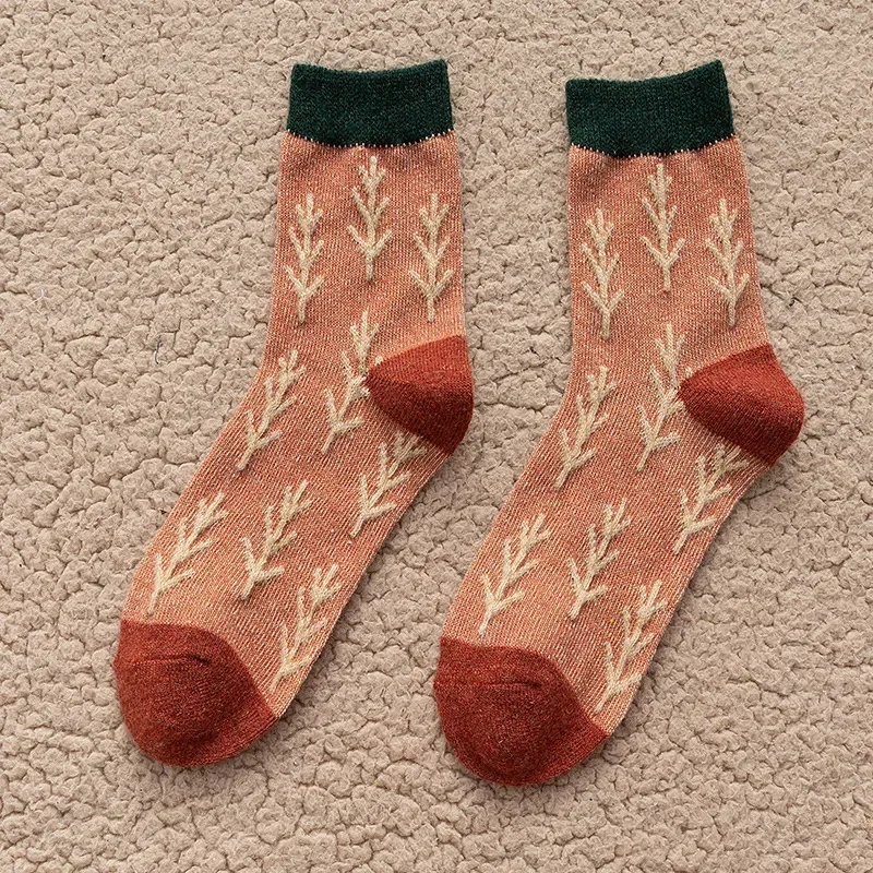 Chaussettes empilées mi-tube en coton pour femmes, Inns, Japanese Vintage, Christmas Branch, Minimalist imprimés Style, Automne, Hiver