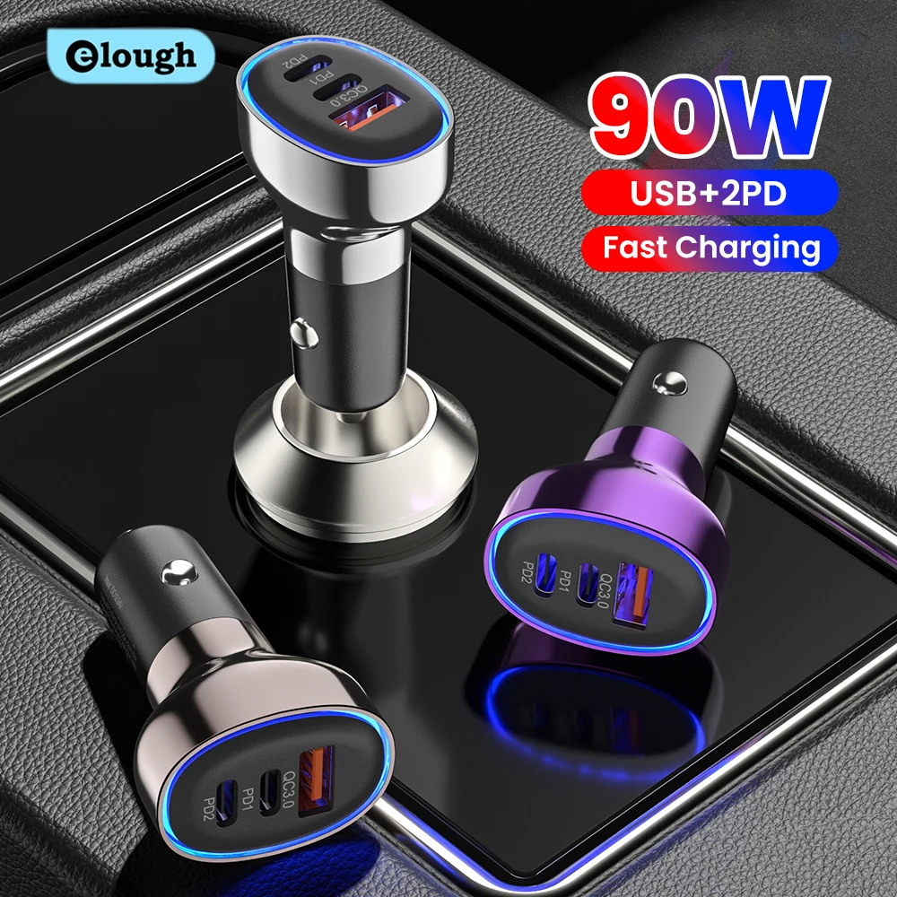Elough 90W USB Type C Car Charger Fast Charging USB PD Quick Charge 3.0 Car Charger Cigaret Socket For Xiaomi iPhone Realme