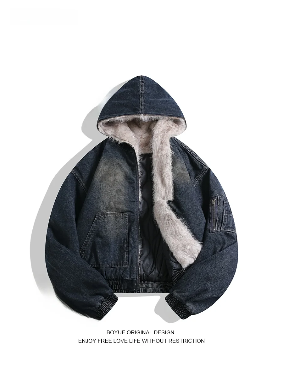 

Boyue American ort Fce Lined Denim Jaet Heavy Distred Warm Cotton Coat for Men And Women with Hood Youth Faion