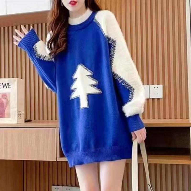 Women 2023 New Autumn/Winter Sweater Design Sense Christmas Tree Jacquard Color Block Korean Medium Length Loose Top