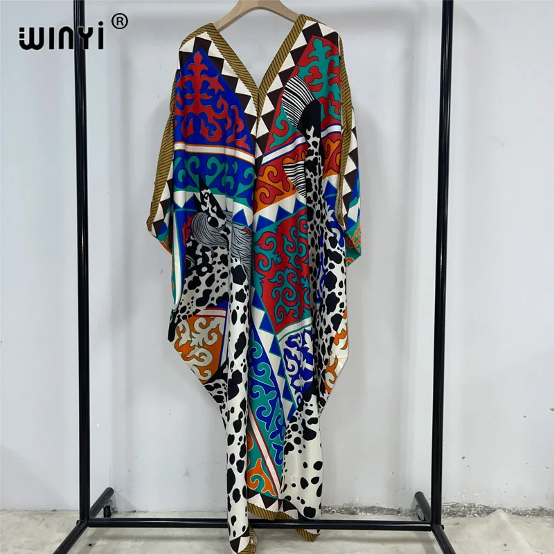 WINYI-Robe longue en soie pour femmes, col en v, style boho, décontracté, imprimé floral, vintage, soirée, plage, moyen-orient