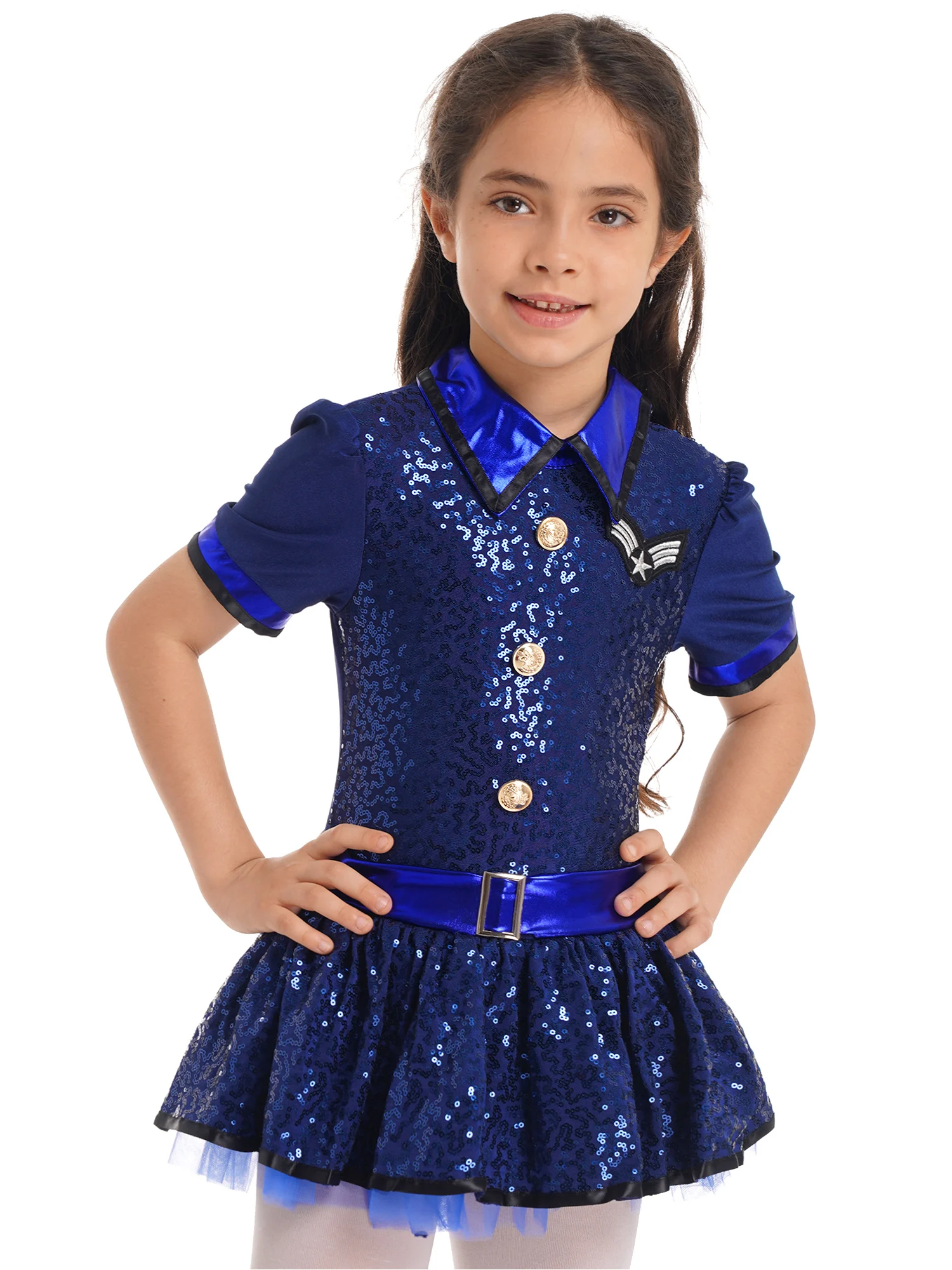 Kids Girls Shiny Sequins Police Officer Cosplay Dress Policewoman Halloween Party Carnival Cop Pretend Play Fancy Dress Up