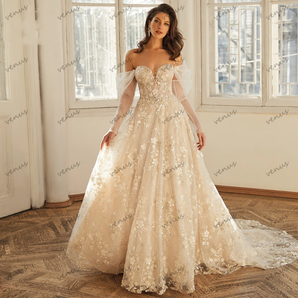 

Glamorous Wedding Dresses A Line Tulle Tiered Bridal Gowns Lace Appliques Off The Shoulder Robes Vestidos De Novia Customized