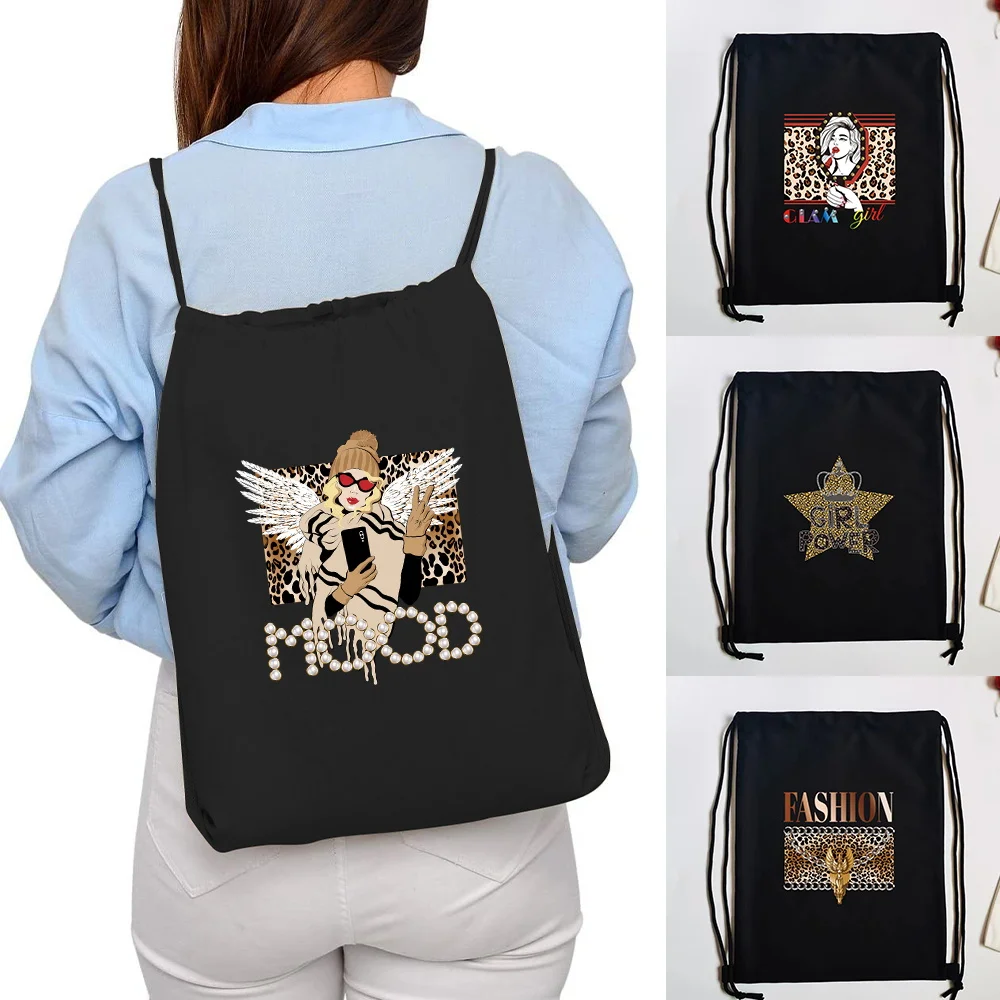 Chic Sport Shopping Bag Leopard Print Canvas Drawstring Backpack Gym Storage Portable Carry Bag