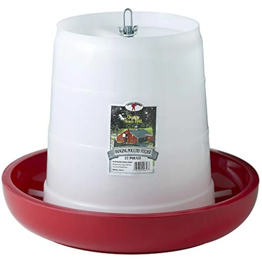 

Plastic Hanging Poultry Feeder Heavy Duty Automatic Feed Container for Poultry Red 22 Pound