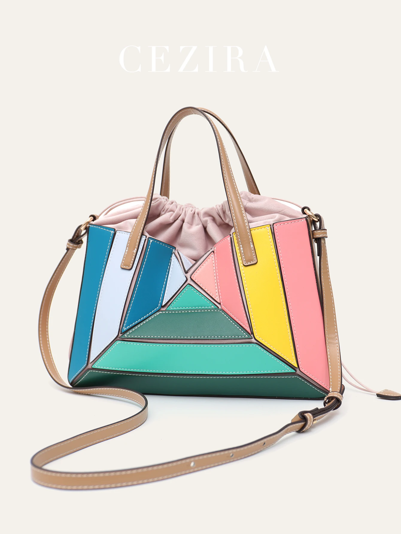 CEZIRA MultiColor Patchwork Design PU Vegan Leather Handbags Women Fashion Chic Top-handle Bucket Bags Cross body Shoulder Purse