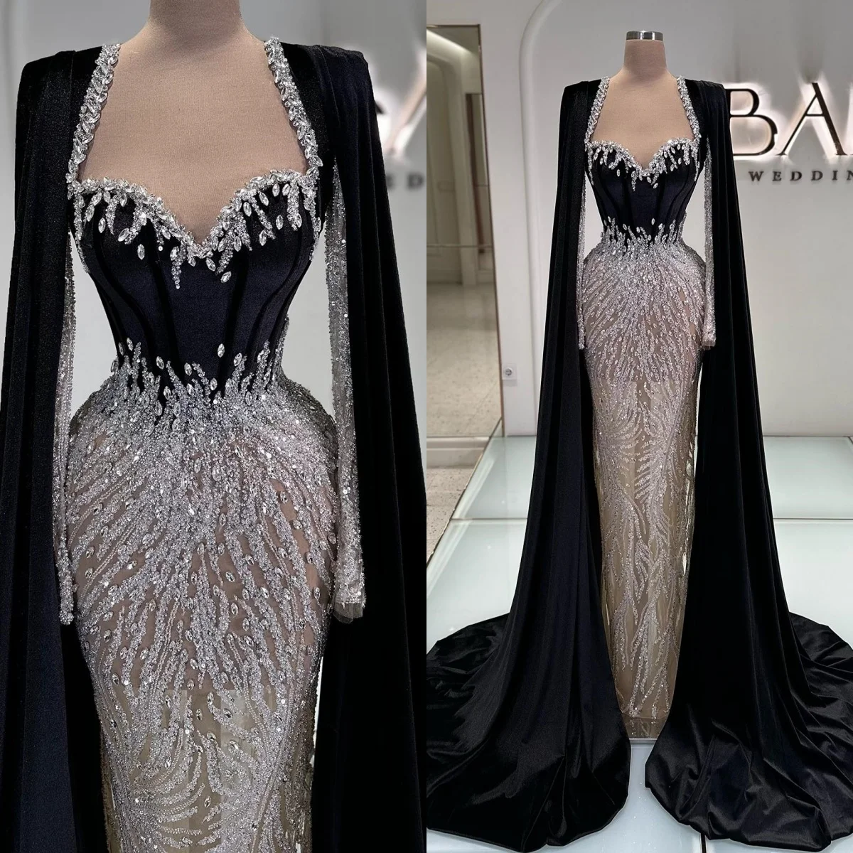 فساتين سهرة عصرية ترتر كريستال فستان حفلة موسيقية مع كيب بأكمام طويلة مخصص حورية البحر رداء حفلات Vestidos De Noche #1