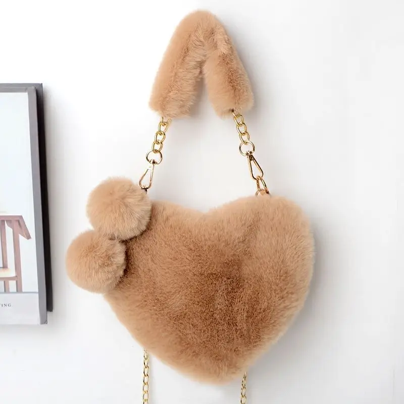 Faux Fur Crossbody Bags Plush Heart Shaped Handbags for Women Fashion Chain Shoulder Bag Winter Soft Furry Love Shopper Totes
