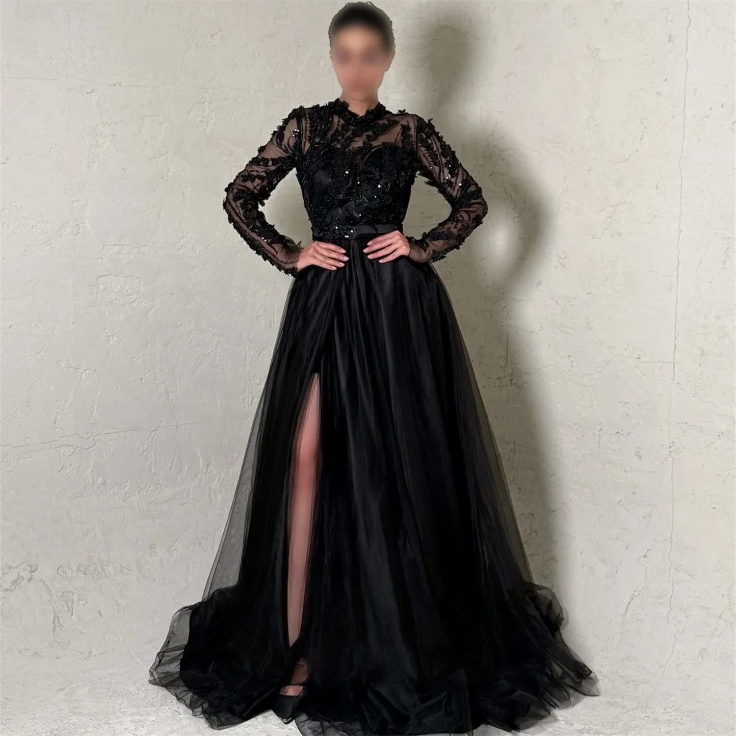 

Black Long Sleeves Bespoke Occasion Gown Evening Dresses Pastrol Unisex Jersey Retro Dubai Saudi Arabic Israel Prom Customized