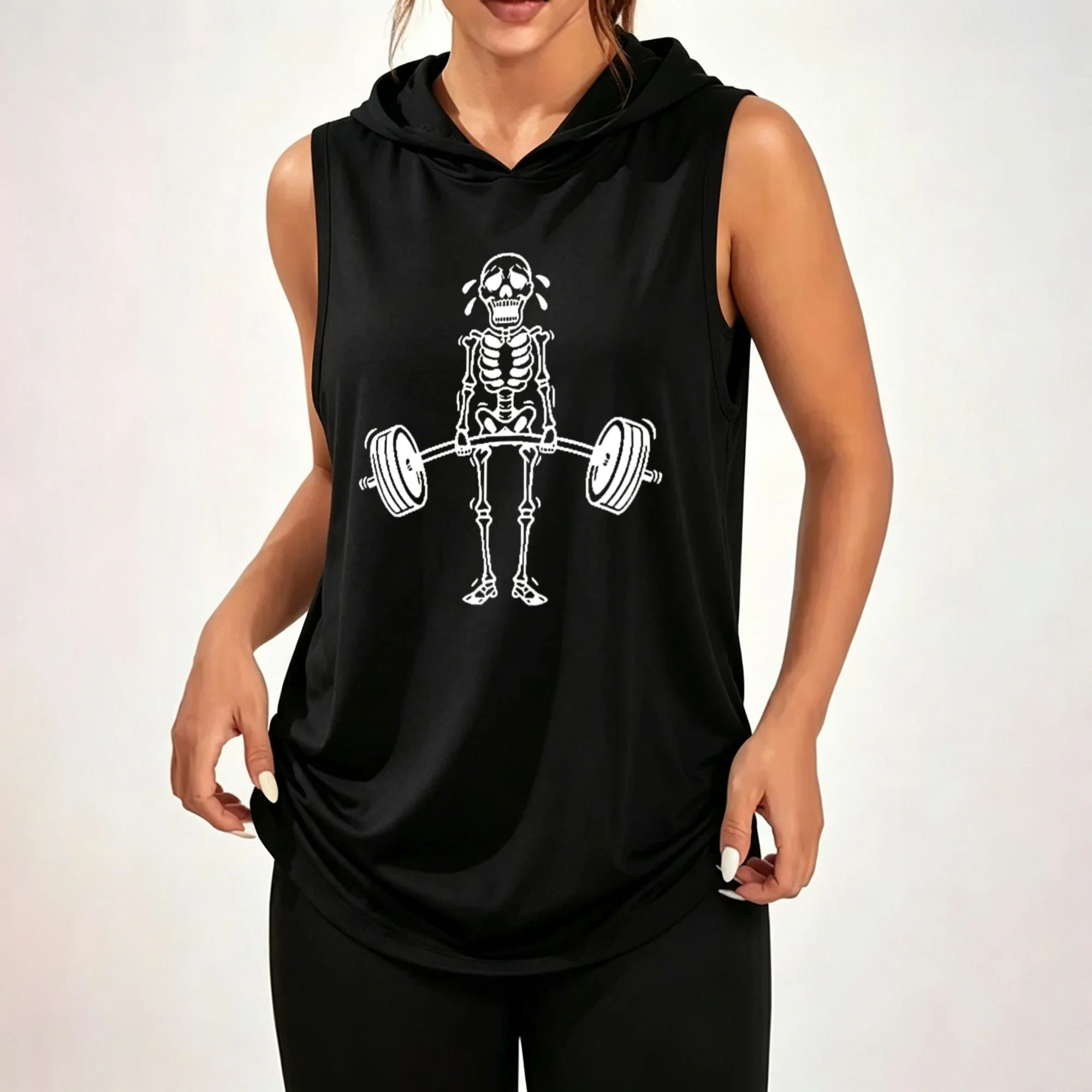 Men's and Women's Sleeveless Hoodie with Weightlifting Skull Graphic – Loose-Fit Fitness & Workout Style