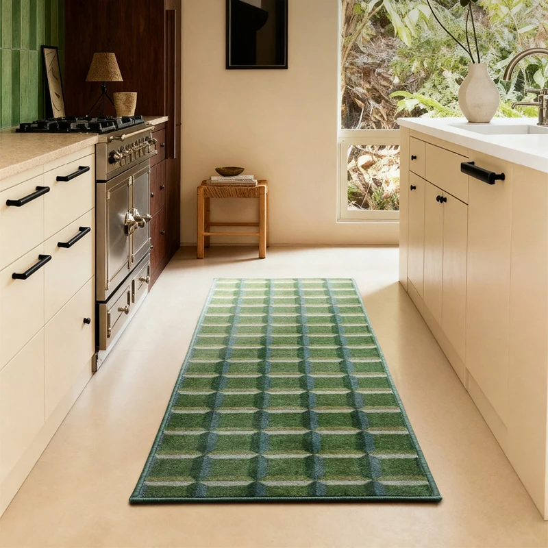 Kitchen Carpet Non-slip Waterproof Stain-resistant Floor Mat Retro Green Checkered Rug Long Strip Home Decoration Foot Mats 양탄자