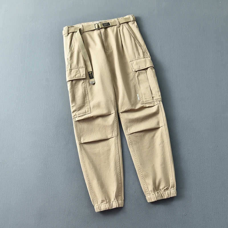 

100% Cotton Tailored Panel Workwear Pants - Men's Straight-Leg Japanese Style Chino Pants Cargo Pocket Detail & Tapered Cuff