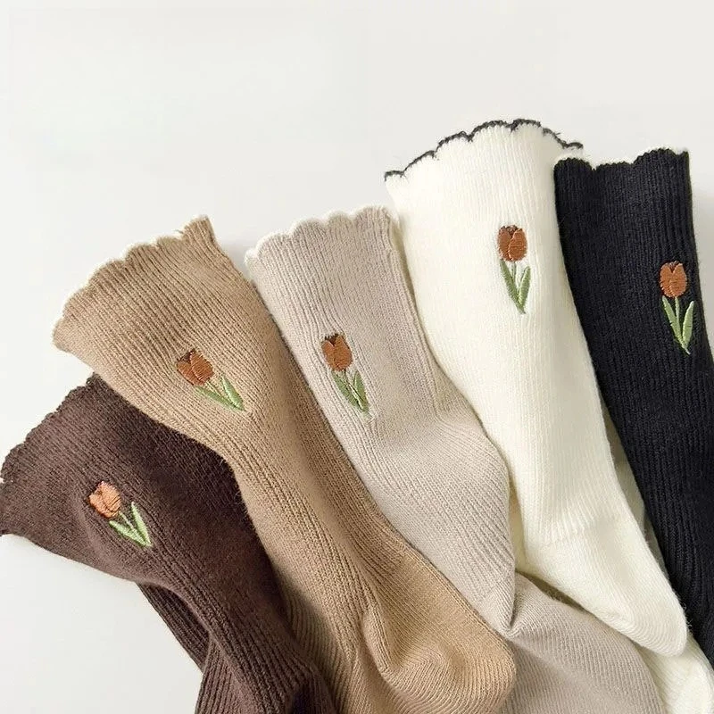 5 Paar Damen-Socken mit Blumenmuster, Frühling und Herbst, koreanischer Stil, atmungsaktiv, einfarbig, lässige Socken, Kokette-Socken
