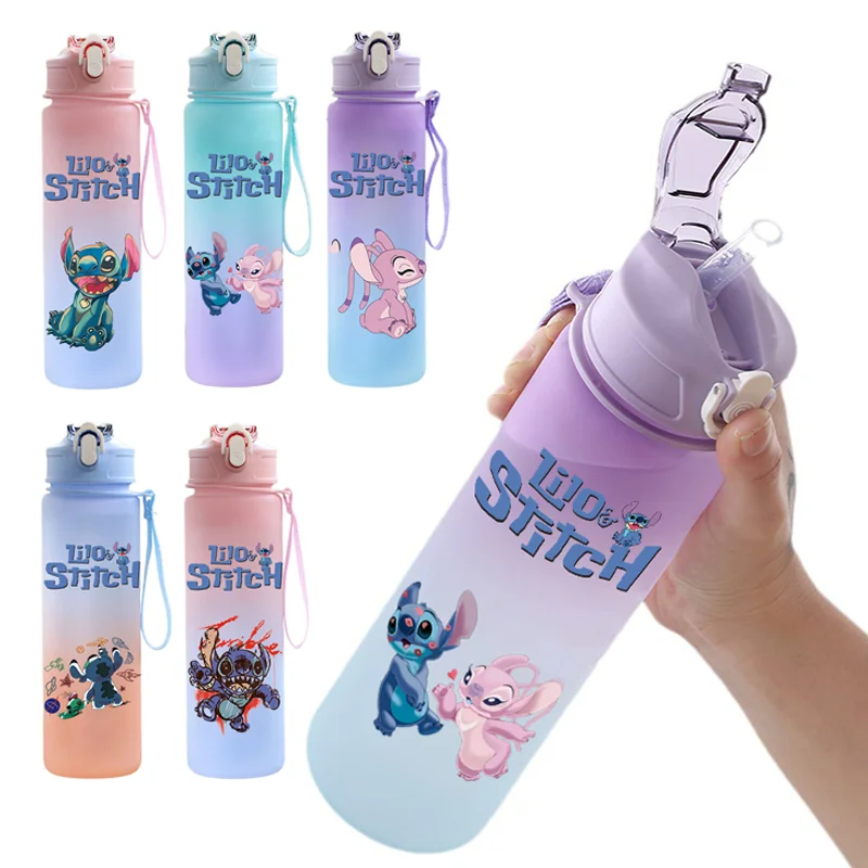 750Ml Disney Lilo Stitch Water Bottle Gradient Color Drinking Cup Portable Straw Leak Proof Fitness Jug with Carrying Cord