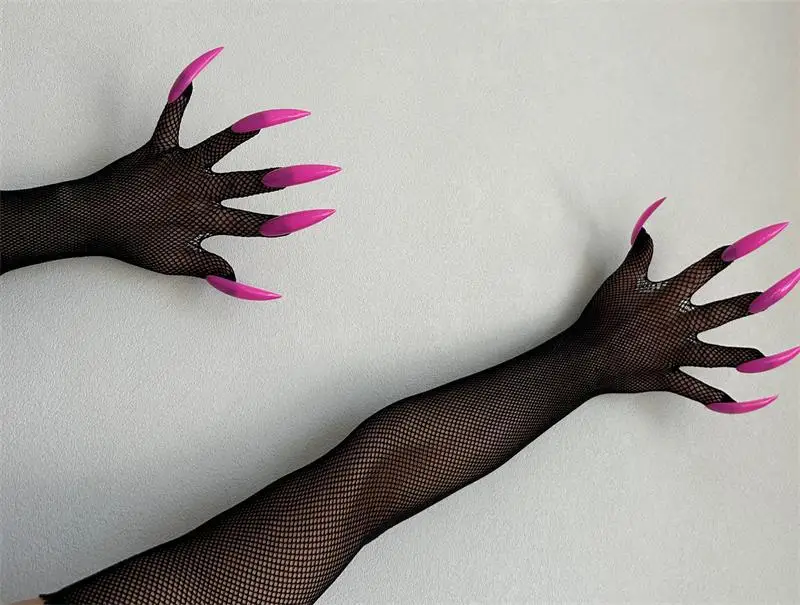 Halloween Long Nail Ghost Fishnet Gloves Sexy Long Arm Gloves Masquerade Party Stage Performance Costume Props