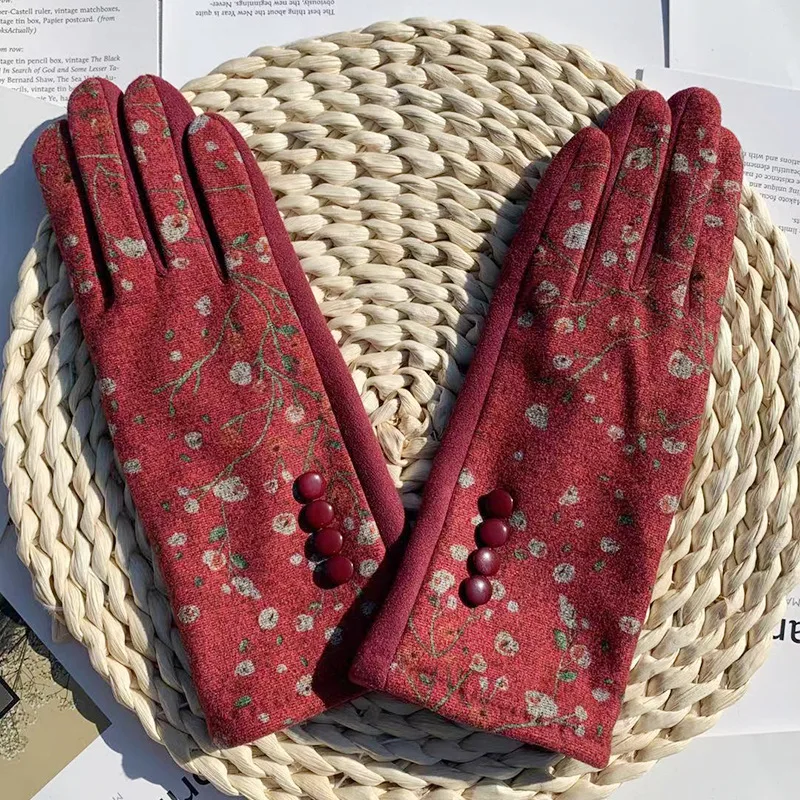 Guantes de flores para mujer, manoplas a prueba de viento, cálidas, no mullidas, bordadas, para viajes al aire libre, pantalla táctil, a la moda,