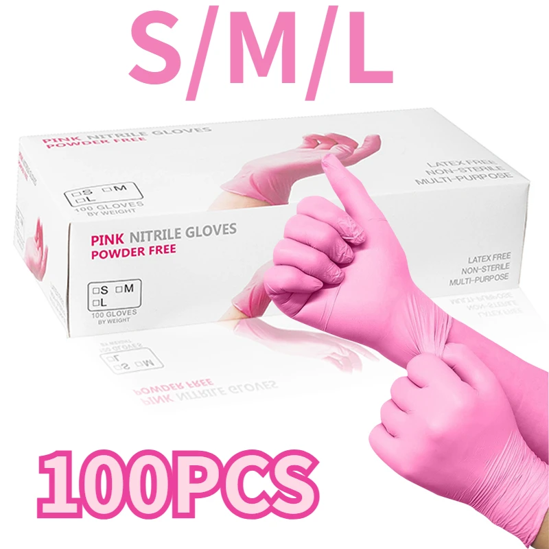 100PCS Pink Disposable Nitrile Gloves Waterproof Anti-static Durable Nitrile Gloves Paint Hair Care Kitchen Cleaning Tools