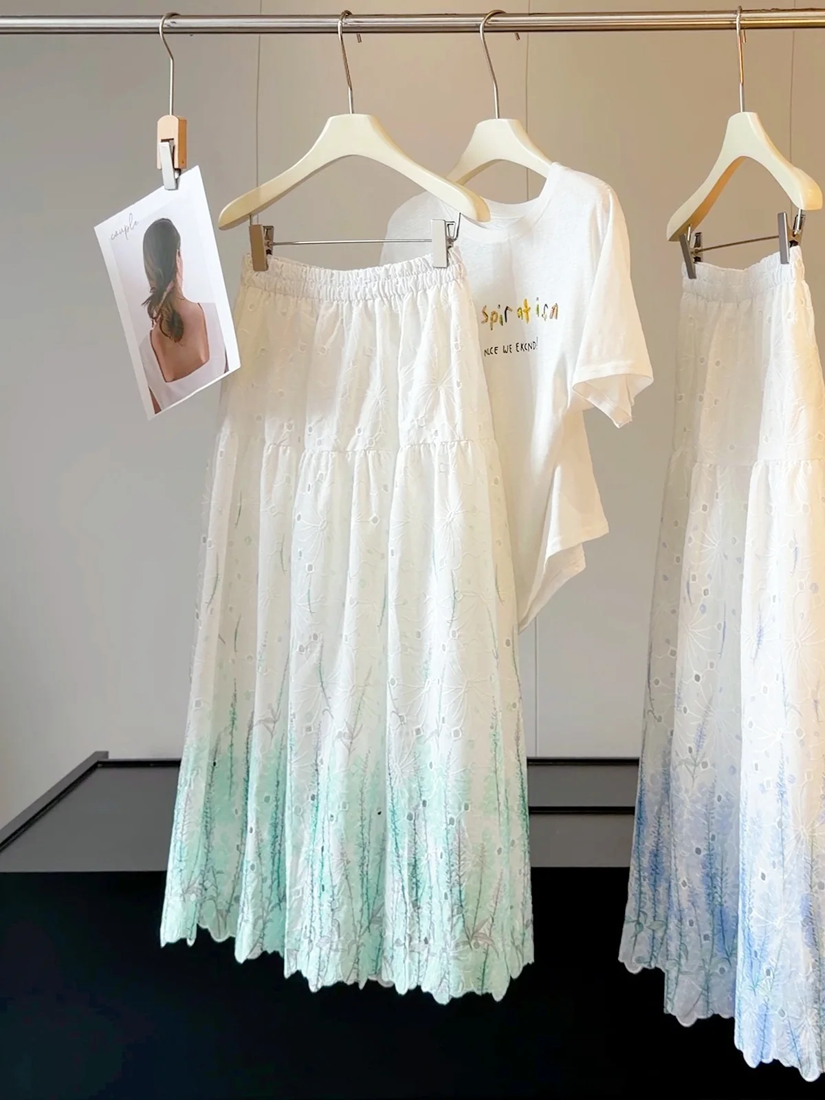 Harajuku Green Eyelet Lace Tiered Maxi Skirt Blue Floral Gradient Print High-waist A-line Skirt Women French Cottagecore garden