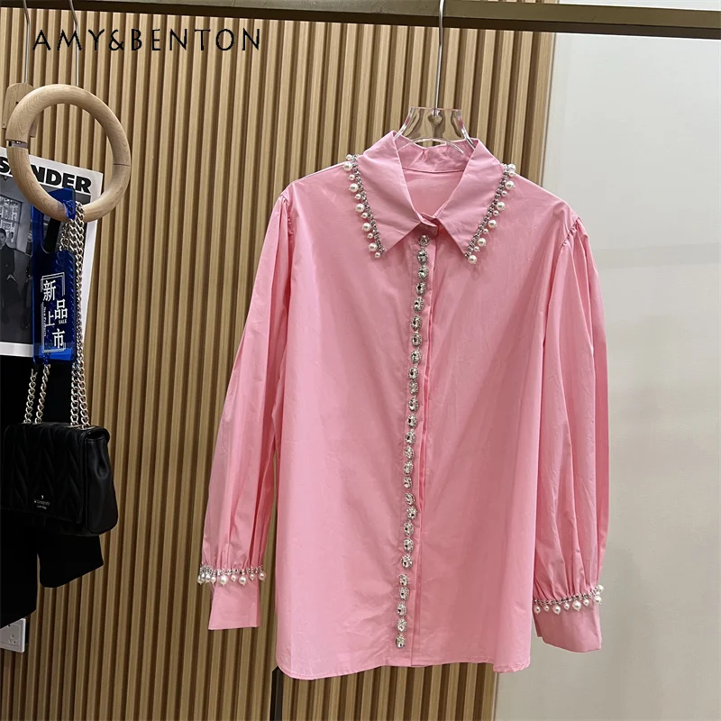 

French Minority Design Sense Pearl Chain Shirt Women's Spring New Loose Slimming and All-Matching Long Sleeved Top Pink Blouse