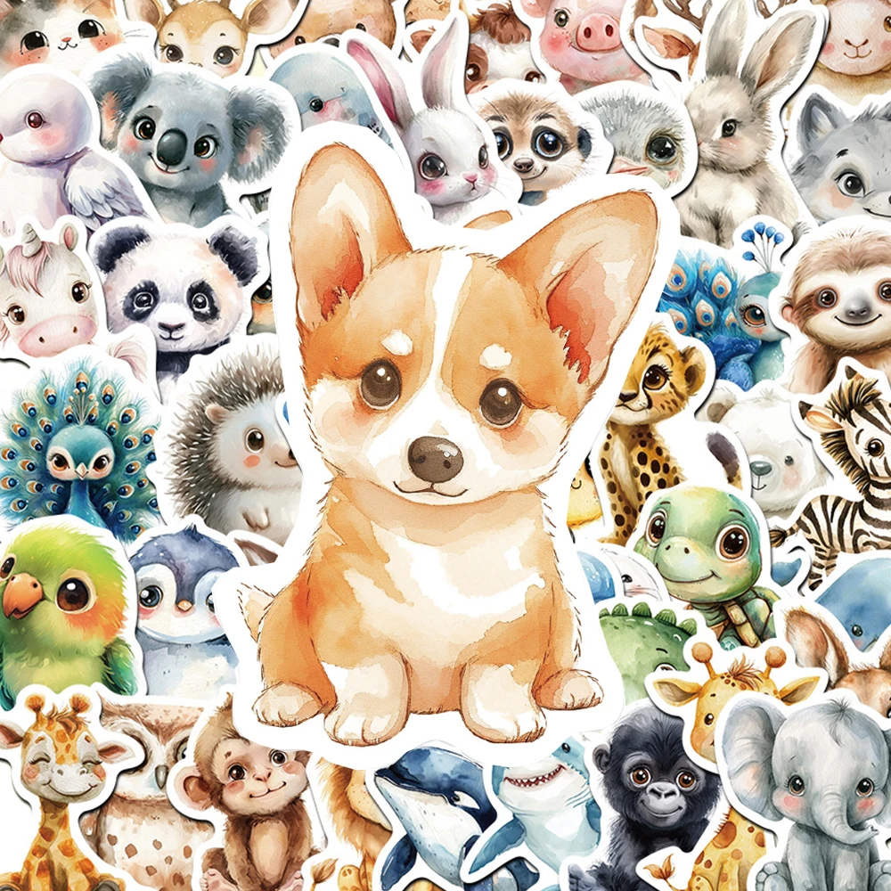 10/30/50pcs Funny Cute Watercolor Animals Graffiti Stickers Cartoon Waterproof DIY Laptop Luggage Stationery Kawaii Sticker Pack