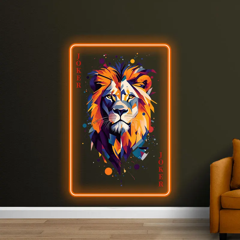 Arte de pared LED de neón Joker Lion: diseño geométrico vibrante con colores audazes, regalo perfecto para sala de juegos, cueva de hombre y decoración moderna