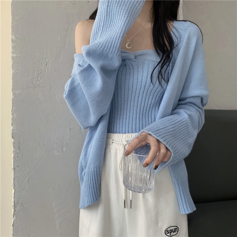 Two Pieces Sets Knitted Cardigan Elegant Women Slim Knitwear Sweater Autumn Winter Loose Solid Long Sleeves Knitwear Jumpers