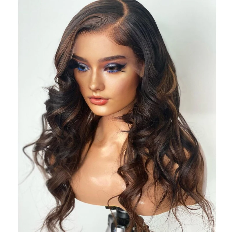 HD Lace Soft Highlight Brown Wave 28inch 5x5 Silk Base Glueless Jewish Human Hair Wig With Baby Hair European Hair Preplucked