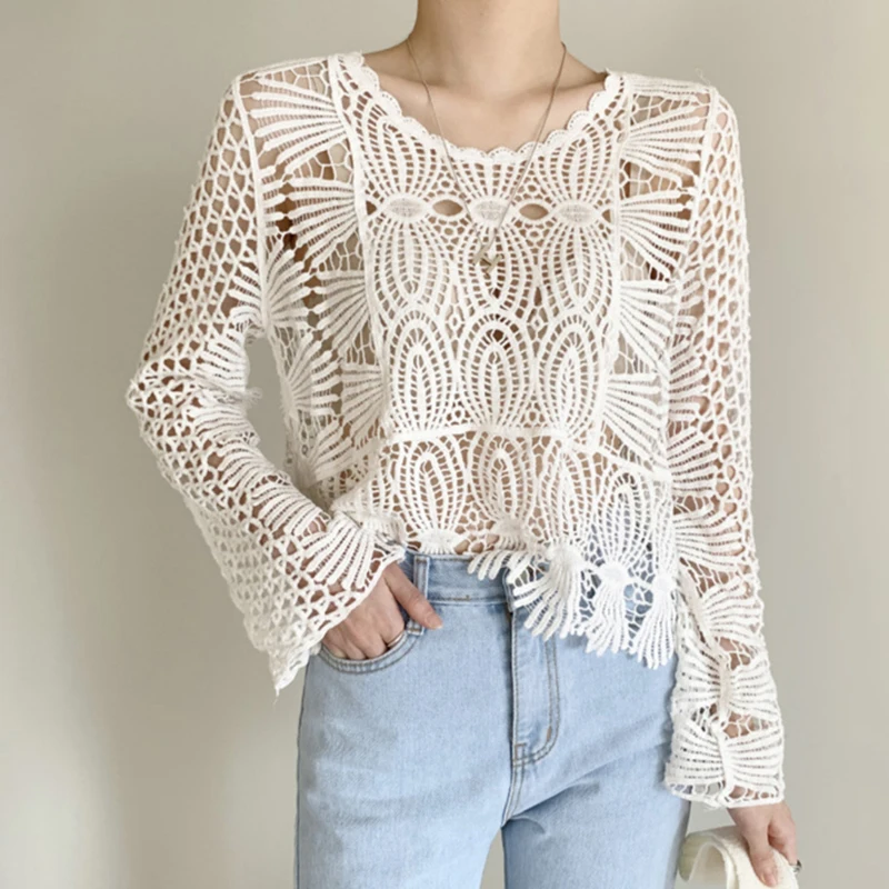 Boho Crochet Knit Top for Women Embroidery Lace Long Sleeve Openwork Pullovers Summer Cover Up Vacation Outfit