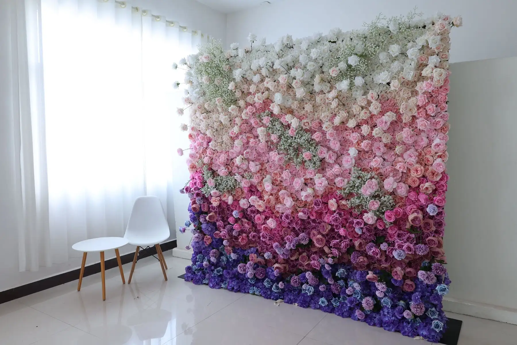 3D Pink purple gradient white rose Hydrangea Babysbreath Cloth Flower Wall Wedding Event Backdrop Fabric Floral Wall Arrangement