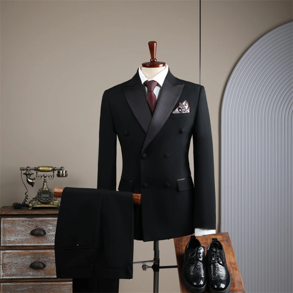 Gentleman Men's Black Suit Set Classy Dancing Party Popular Office Tuxedo Peak Lapel Groom Wear Fast Shipping Premium Outfit