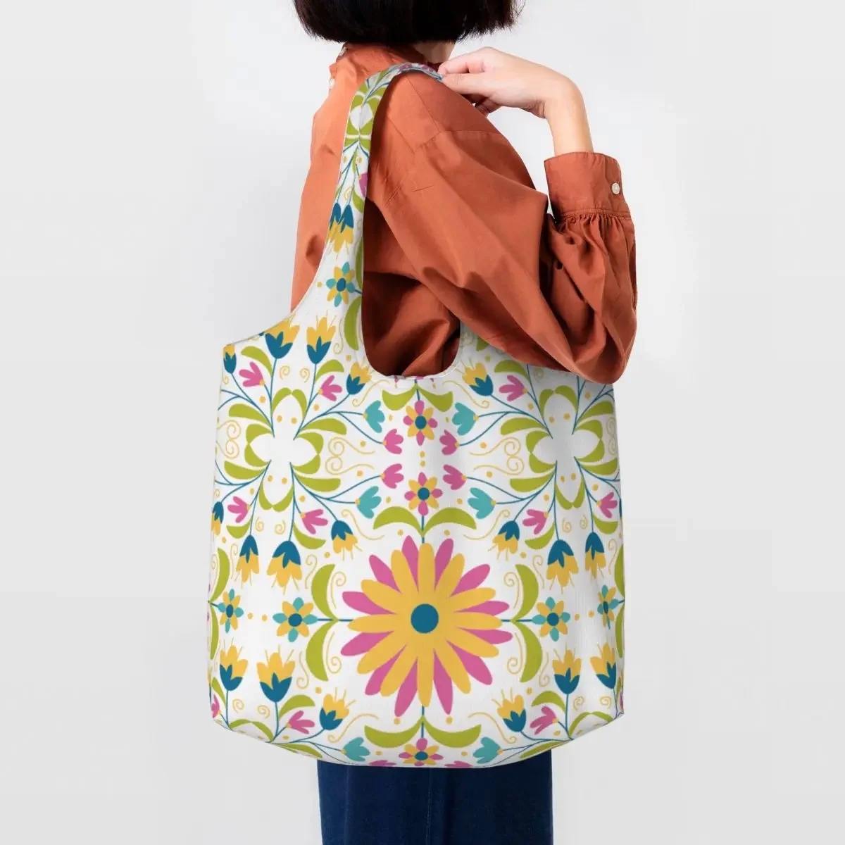 Personalizzato messicano Otomi ricamo fiore Shopping borse di tela muslimspesa Folk Floral Texture Shopper Tote Bags