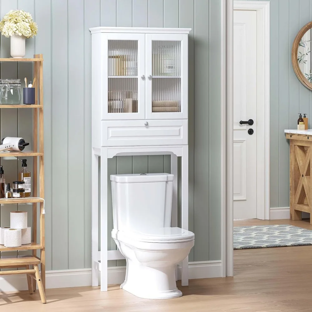 خزانة تخزين فوق المرحاض مع مكعب مائل وأبواب زجاجية مورو قابلة للتعديل، منظم حمام لحلول توفير المساحة